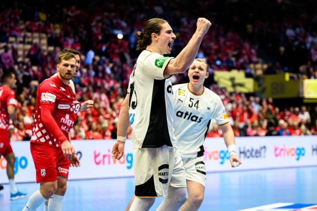 Herning Handball EM 2026 Semifinal Germany Croatia from left David Mandic Croatia , Juri Knorr Germany , Justus Fischer Germany Cheering Joy Emotion Herning Jyske Bank Boxing Denmark
