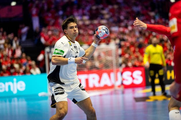 HERNING, DENMARK - JANUARY 30: Renars Uscins (Germany, 23) in attack during the EHF EURO 2026 Semifinal 1 match between Germany vs Croatia at Jyske Bank Boxen Arena on January 30, 2026 in Herning, Denmark. Midtjylland Denmark Copyright: xMarioxM.xKobergx