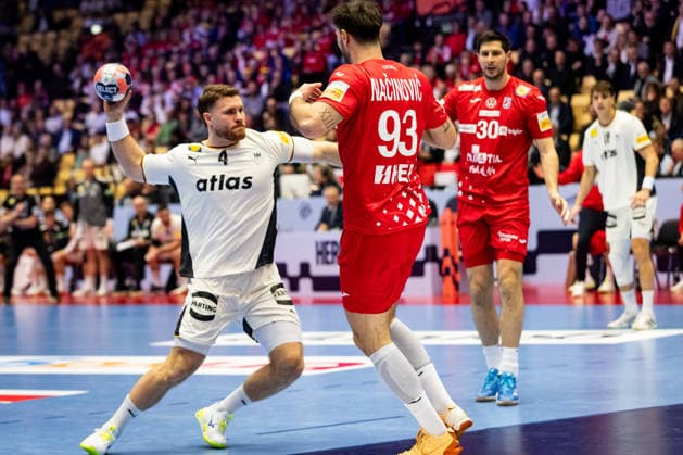 HERNING, DENMARK - JANUARY 30: Johannes Golla (Germany, 04)< in attack during the EHF EURO 2026 Semifinal 1 match between Germany vs Croatia at Jyske Bank Boxen Arena on January 30, 2026 in Herning, Denmark. Midtjylland Denmark Copyright: xMarioxM.xKobergx