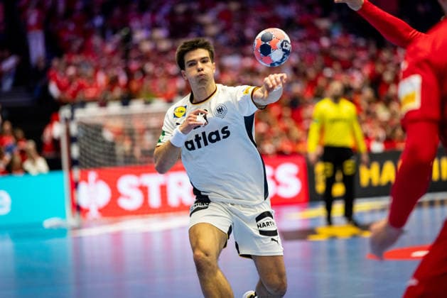 HERNING, DENMARK - JANUARY 30: Renars Uscins (Germany, 23) in attack during the EHF EURO 2026 Semifinal 1 match between Germany vs Croatia at Jyske Bank Boxen Arena on January 30, 2026 in Herning, Denmark. Midtjylland Denmark Copyright: xMarioxM.xKobergx