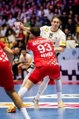 HERNING, DENMARK - JANUARY 30: Veron Nacinovic (Croatia, 93) against Juri Knorr (Germany, 15) during the EHF EURO 2026 Semifinal 1 match between Germany vs Croatia at Jyske Bank Boxen Arena on January 30, 2026 in Herning, Denmark. Midtjylland Denmark Copyright: xMarioxM.xKobergx