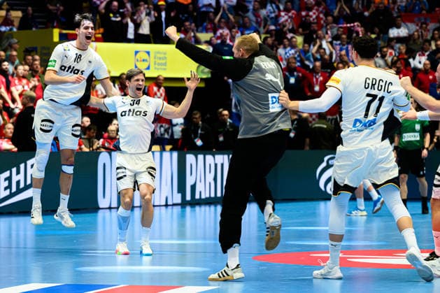 Herning Handball EM 2026 Semifinal Germany Croatia Julian Köster Koester Germany , Rune Dahmke Germany , Goalkeeper David Späth David Spaeth Germany , Marko Grgic Germany Final cheer Final cheer Emotion Joy Herning Jyske Bank Boxing Denmark