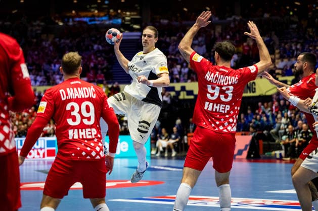 HERNING, DENMARK - JANUARY 30: Juri Knorr (Germany, 15) in attack during the EHF EURO 2026 Semifinal 1 match between Germany vs Croatia at Jyske Bank Boxen Arena on January 30, 2026 in Herning, Denmark. Midtjylland Denmark Copyright: xMarioxM.xKobergx
