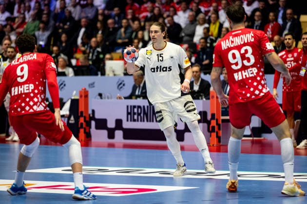 HERNING, DENMARK - JANUARY 30: Juri Knorr (Germany, 15) in attack during the EHF EURO 2026 Semifinal 1 match between Germany vs Croatia at Jyske Bank Boxen Arena on January 30, 2026 in Herning, Denmark. Midtjylland Denmark Copyright: xMarioxM.xKobergx