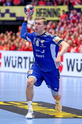 30 01 2026, Handball, Men s EHF EURO 2026, Denmark Iceland, Jyske Bank Boxen in Herning, Denmark, Semi Finals Gisli Thorgeir Kristjansson Iceland 10 Denmark