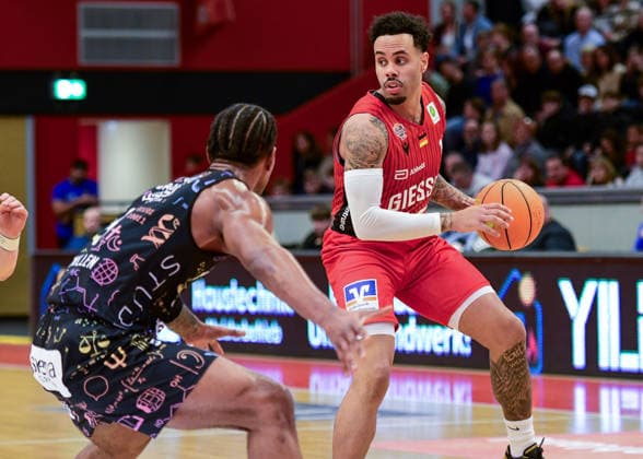 Nicholas Mc Mullen, Daniel Norl 2 Bundesliga Pro A, 20 Matchday, 46ers, Basketball, Basketball season 2025 2026, BBL, Germany, Gießen 46ers Uni Baskets Münster, Gießen in red, Men, Münster in black