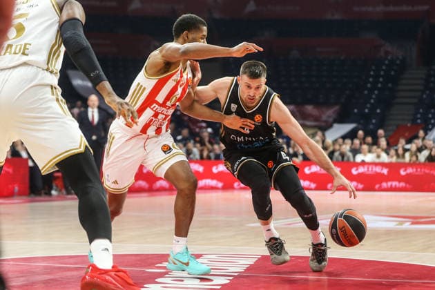 Crvena Zvezda v Dubai Basketball - EuroLeague BELGRADE, SERBIA - JANUARY 30: Jared Butler (6) of Crvena Zvezda in action against Aleksa Avramovic (4) of Dubai Basketball during the EuroLeague week 25 basketball match between Crvena Zvezda and Dubai Basketball at the Belgrade Arena in Belgrade, Serbia on January 30, 2026. Filip Stevanovic Anadolu Belgrade Serbia. Editorial use only. Please get in touch for any other usage.  Copyright: x2026xAnadoluxFilipxStevanovicx