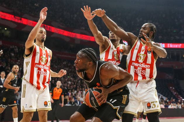 Crvena Zvezda v Dubai Basketball - EuroLeague BELGRADE, SERBIA - JANUARY 30: Mfiondu Kabengele (front) of Dubai Basketball in action during the EuroLeague week 25 basketball match between Crvena Zvezda and Dubai Basketball at the Belgrade Arena in Belgrade, Serbia on January 30, 2026. Filip Stevanovic Anadolu Belgrade Serbia. Editorial use only. Please get in touch for any other usage.  Copyright: x2026xAnadoluxFilipxStevanovicx