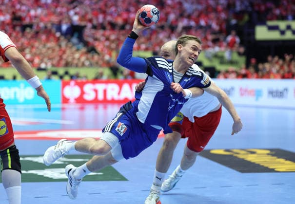 Denmark v Iceland - MenÂ s EHF EURO 2026 HERNING, DENMARK - JANUARY 30: Simon Hald, Gisli Thorgeir Kristjansson during the Men s EHF Euro 2026 Semi Finals match betweenDenmark and Iceland at Jyske Bank Boxen Herning Arena on January 30 2026 in Herning, Denmark.  SanjinxStrukic PIXSELL