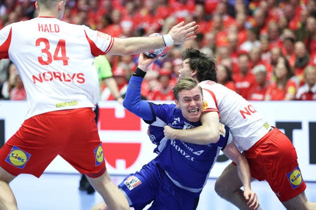 Denmark v Iceland - MenÂ s EHF EURO 2026 HERNING, DENMARK - JANUARY 30: Niclas Kirkelokke, Gisli Thorgeir Kristjansson during the Men s EHF Euro 2026 Semi Finals match betweenDenmark and Iceland at Jyske Bank Boxen Herning Arena on January 30 2026 in Herning, Denmark.  SanjinxStrukic PIXSELL