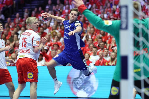 Denmark v Iceland - MenÂ s EHF EURO 2026 HERNING, DENMARK - JANUARY 30: Magnus Saugstrup, Janus Dadi Smarason during the Men s EHF Euro 2026 Semi Finals match betweenDenmark and Iceland at Jyske Bank Boxen Herning Arena on January 30 2026 in Herning, Denmark.  SanjinxStrukic PIXSELL