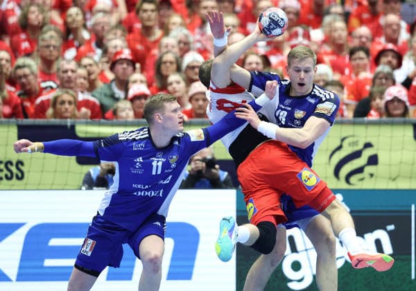 Denmark v Iceland - MenÂ s EHF EURO 2026 HERNING, DENMARK - JANUARY 30: Ymir Orn Gislason, Ellidi Vidarsson during the Men s EHF Euro 2026 Semi Finals match betweenDenmark and Iceland at Jyske Bank Boxen Herning Arena on January 30 2026 in Herning, Denmark.  SanjinxStrukic PIXSELL