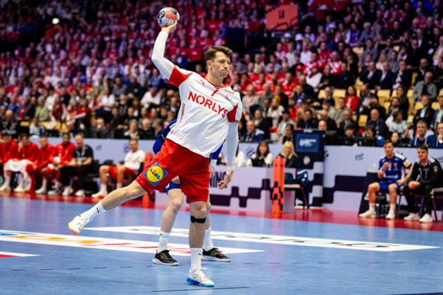 HERNING, DENMARK - JANUARY 30: Emil Jakobsen (Denmark, 07) in attack during the EHF EURO 2026 Semifinal 2 match between Denmark vs Iceland at Jyske Bank Boxen Arena on January 30, 2026 in Herning, Denmark. Midtjylland Denmark Copyright: xMarioxM.xKobergx