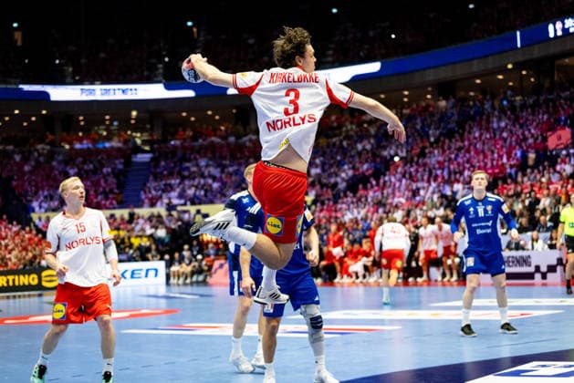 HERNING, DENMARK - JANUARY 30: Niclas Kirkelokke (Denmark, 03) in attack during the EHF EURO 2026 Semifinal 2 match between Denmark vs Iceland at Jyske Bank Boxen Arena on January 30, 2026 in Herning, Denmark. Midtjylland Denmark Copyright: xMarioxM.xKobergx
