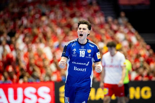 HERNING, DENMARK - JANUARY 30: celebration goal celebration Orri Freyr Thorkelsson (Iceland, 19) during the EHF EURO 2026 Semifinal 2 match between Denmark vs Iceland at Jyske Bank Boxen Arena on January 30, 2026 in Herning, Denmark. Midtjylland Denmark Copyright: xMarioxM.xKobergx