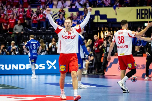 HERNING, DENMARK - JANUARY 30: celebration after victory team Denmark during the EHF EURO 2026 Semifinal 2 match between Denmark vs Iceland at Jyske Bank Boxen Arena on January 30, 2026 in Herning, Denmark. Midtjylland Denmark Copyright: xMarioxM.xKobergx