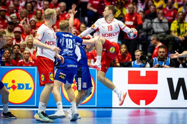 HERNING, DENMARK - JANUARY 30: Mathias Gidsel (Denmark, 19) in attack during the EHF EURO 2026 Semifinal 2 match between Denmark vs Iceland at Jyske Bank Boxen Arena on January 30, 2026 in Herning, Denmark. Midtjylland Denmark Copyright: xMarioxM.xKobergx