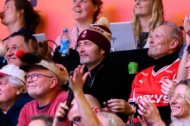 Herning Handball EM 2026 Semifinal Denmark Iceland Actor Mads Mikkelsen with a Denmark cap Herning Jyske Bank Boxing Denmark