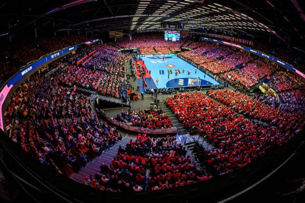 Herning Handball EM 2026 Semi-Final Denmark Iceland Overview, Interior view, Venue, Feature, Arena, Spectators, Fan curve Fans Fan block Herning Jyske Bank Boxen Denmark