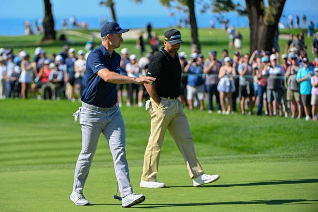 LA JOLLA, CA - JANUARY 30: Justin Rose (GBR) after sinking his eagle putt on 6 (SC) during the second round of the Farmers Insurance Open on January 30, 2026, at Torrey Pines Golf Course, La Jolla, California. (Photo by Ken Murray Icon Sportswire) GOLF: JAN 30 PGA, Golf Herren Farmers Insurance Open EDITORIAL USE ONLY Icon2601300362