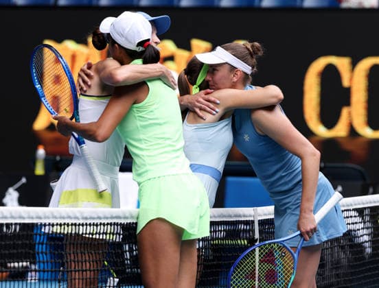 (260131) -- MELBOURNE, Jan. 31, 2026 -- Zhang Shuai (front R) Elise?Mertens (back R) hug Anna Danilina (front L) Aleksandra Krunic after the women s doubles final match between Zhang Shuai (China) Elise Mertens (Belgium) and Anna Danilina (Kazakhstan) Aleksandra Krunic (Serbia) at the Australian Open tennis tournament in Melbourne, Australia, Jan. 31, 2026. ) (SP)AUSTRALIA-MELBOURNE-TENNIS-AUSTRALIAN OPEN-WOMEN S DOUBLES-FINAL MaxPing 