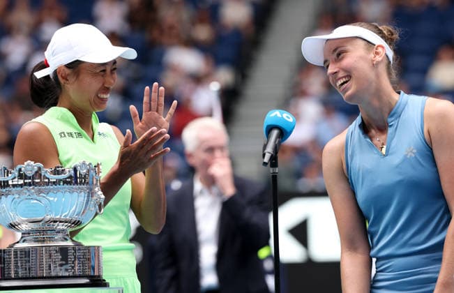 (260131) -- MELBOURNE, Jan. 31, 2026 -- Zhang Shuai (L) Elise?Mertens react during the awarding ceremony for the women s doubles final match between Zhang Shuai (China) Elise Mertens (Belgium) and Anna Danilina (Kazakhstan) Aleksandra Krunic (Serbia) at the Australian Open tennis tournament in Melbourne, Australia, Jan. 31, 2026. ) (SP)AUSTRALIA-MELBOURNE-TENNIS-AUSTRALIAN OPEN-WOMEN S DOUBLES-FINAL MaxPing 