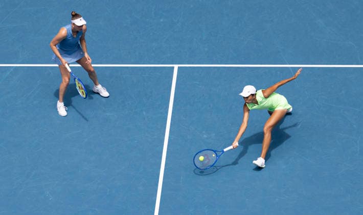 (260131) -- MELBOURNE, Jan. 31, 2026 -- Zhang Shuai (R) Elise Mertens compete during the women s doubles final match between Zhang Shuai (China) Elise Mertens (Belgium) and Anna Danilina (Kazakhstan) Aleksandra Krunic (Serbia) at the Australian Open tennis tournament in Melbourne, Australia, Jan. 31, 2026. (Photo by Xinhua) (SP)AUSTRALIA-MELBOURNE-TENNIS-AUSTRALIAN OPEN-WOMEN S DOUBLES-FINAL HuxJingchen 