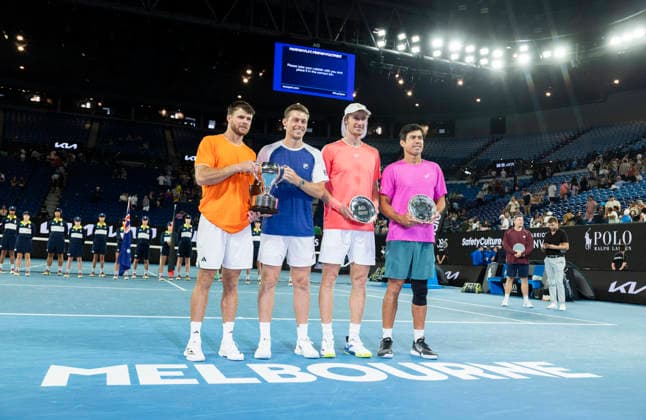(260131) -- MELBOURNE, Jan. 31, 2026 -- Gold medalists Christian Harrison (1st L) Neal Skupski (2nd L) and silver medalists Jason Kubler (1st R) Marc Polmans pose for photos during the awarding ceremony for the men s doubles final match between Jason Kubler Marc Polmans (Australia) and Christian Harrison (the United States) Neal Skupski (Britain) at the Australian Open tennis tournament in Melbourne, Australia, Jan. 31, 2026. (Photo by Xinhua) (SP)AUSTRALIA-MELBOURNE-TENNIS-AUSTRALIAN OPEN-MEN S DOUBLES-FINAL HuxJingchen 