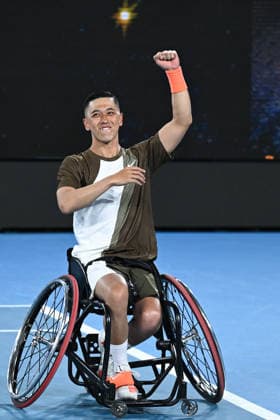 TENNIS AUSTRALIAN OPEN, Tokito Oda of Japan celebrates winning the men™s wheelchair singles final against Martin de la Puente of Spain on day 14 of the 2026 Australian Open tennis tournament at Melbourne Park in Melbourne, Saturday, January 31, 2026. ( NO ARCHIVING MELBOURNE VICTORIA AUSTRALIA  Copyright: xJAMESxROSSx 20260131181539623674