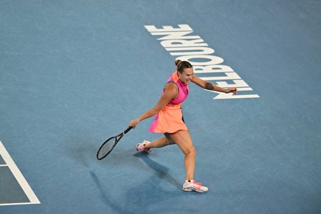 Australian Open 2026 - Finals MELBOURNE, AUSTRALIA - JANUARY 31: Aryna Sabalenka is seen in action against Elena Rybakina (not seen) of Kazakhstan during the Women s Singles Final match on Day 14 of the 2026 Australian Open at Melbourne Park in Melbourne, Australia on January 31, 2026. Mark Avellino Anadolu Melbourne Australia. Editorial use only. Please get in touch for any other usage.  Copyright: x2026xAnadoluxMarkxAvellinox