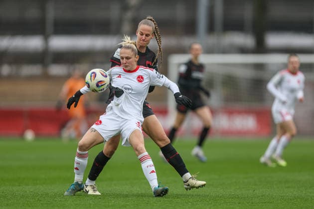 GER, Leverkusen, Bayer Leverkusen vs 1 FC Nürnberg, Google Pixel Womens Bundesliga, Football, DFB, Season 2025 2026, Ulrich Haberland Stadium, 16 Matchday in picture v l Fany Proniez 1 FC Nürnberg Women 3 , Juliette Vidal Bayer Leverkusen 56 , Duel DFB DFL REGULATIONS PROHIBIT ANY USE OF PHOTOGRAPHS AS IMAGE SEQUENCES AND OR QUASI VIDEO, 31 01 2026 Copyright: HMBxMedia HendrikxHamelau