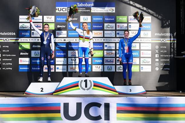 French Lise Revol, Czech Barbora Bukovska and Czech Lucie Grohova celebrate on the podium after the junior women race at the UCI Cyclocross World Championships, on Saturday 31 January 2026, in Hulst, The Netherlands. DAVIDxPINTENS  x160013608x