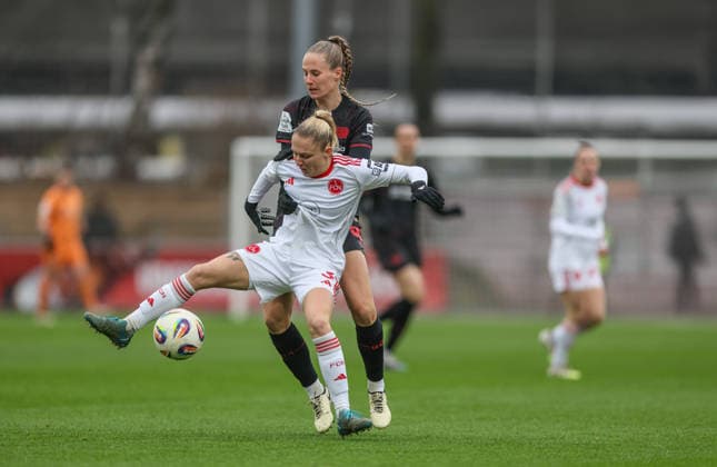 GER, Leverkusen, Bayer Leverkusen vs 1 FC Nürnberg, Google Pixel Womens Bundesliga, Football, DFB, Season 2025 2026, Ulrich Haberland Stadium, 16 Matchday in picture v l Fany Proniez 1 FC Nürnberg Women 3 , Juliette Vidal Bayer Leverkusen 56 , Duel DFB DFL REGULATIONS PROHIBIT ANY USE OF PHOTOGRAPHS AS IMAGE SEQUENCES AND OR QUASI VIDEO, 31 01 2026 Copyright: HMBxMedia HendrikxHamelau