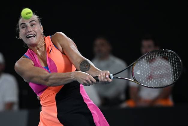 (260131) -- MELBOURNE, Jan. 31, 2026 -- Aryna Sabalenka hits a return during the women s singles final between Elena Rybakina of Kazakhstan and Aryna Sabalenka of Belarus at the Australian Open tennis tournament in Melbourne, Australia, Jan. 31, 2026. (Photo by Xinhua) (SP)AUSTRALIA-MELBOURNE-TENNIS-AUSTRALIAN OPEN-WOMEN S SINGLES-FINAL WangxShen 