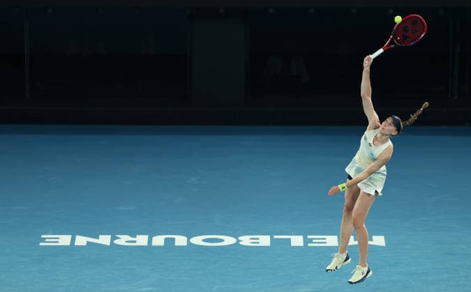 (260131) -- MELBOURNE, Jan. 31, 2026 -- Elena Rybakina serves during the women s singles final between Elena Rybakina of Kazakhstan and Aryna Sabalenka of Belarus at the Australian Open tennis tournament in Melbourne, Australia, Jan. 31, 2026. ) (SP)AUSTRALIA-MELBOURNE-TENNIS-AUSTRALIAN OPEN-WOMEN S SINGLES-FINAL MaxPing 