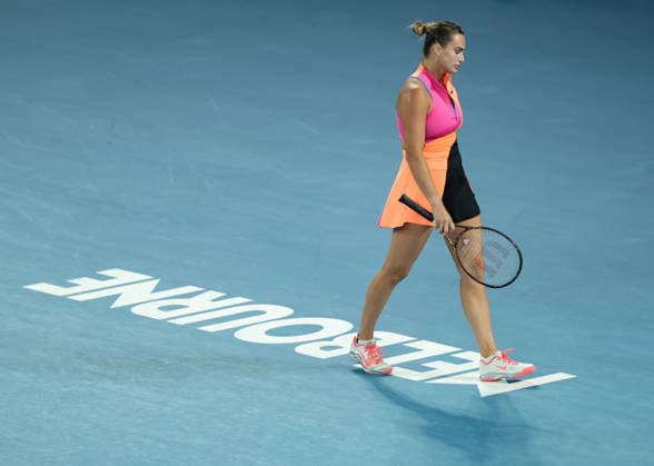 (260131) -- MELBOURNE, Jan. 31, 2026 -- Aryna Sabalenka reacts during the women s singles final between Elena Rybakina of Kazakhstan and Aryna Sabalenka of Belarus at the Australian Open tennis tournament in Melbourne, Australia, Jan. 31, 2026. ) (SP)AUSTRALIA-MELBOURNE-TENNIS-AUSTRALIAN OPEN-WOMEN S SINGLES-FINAL MaxPing 