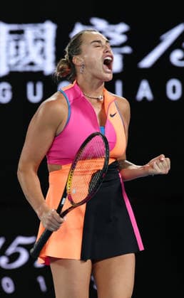 (260131) -- MELBOURNE, Jan. 31, 2026 -- Aryna Sabalenka reacts during the women s singles final between Elena Rybakina of Kazakhstan and Aryna Sabalenka of Belarus at the Australian Open tennis tournament in Melbourne, Australia, Jan. 31, 2026. ) (SP)AUSTRALIA-MELBOURNE-TENNIS-AUSTRALIAN OPEN-WOMEN S SINGLES-FINAL MaxPing 