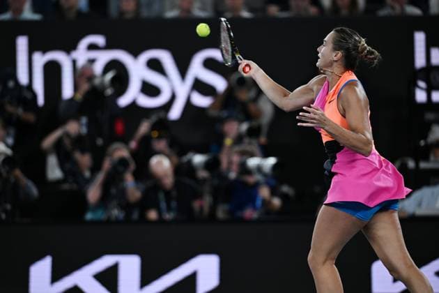 (260131) -- MELBOURNE, Jan. 31, 2026 -- Aryna Sabalenka hits a return during the women s singles final between Elena Rybakina of Kazakhstan and Aryna Sabalenka of Belarus at the Australian Open tennis tournament in Melbourne, Australia, Jan. 31, 2026. (Photo by Xinhua) (SP)AUSTRALIA-MELBOURNE-TENNIS-AUSTRALIAN OPEN-WOMEN S SINGLES-FINAL WangxShen 