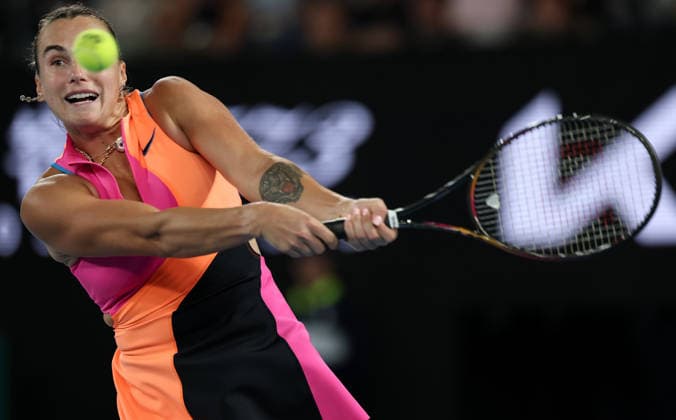 (260131) -- MELBOURNE, Jan. 31, 2026 -- Aryna Sabalenka hits a return during the women s singles final between Elena Rybakina of Kazakhstan and Aryna Sabalenka of Belarus at the Australian Open tennis tournament in Melbourne, Australia, Jan. 31, 2026. ) (SP)AUSTRALIA-MELBOURNE-TENNIS-AUSTRALIAN OPEN-WOMEN S SINGLES-FINAL MaxPing 