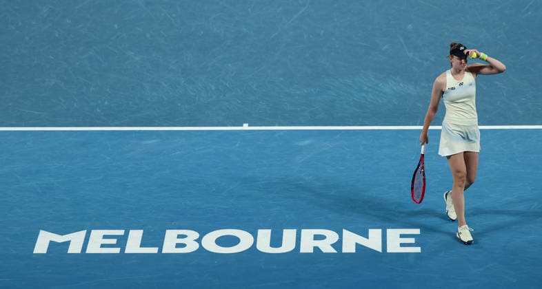 (260131) -- MELBOURNE, Jan. 31, 2026 -- Elena Rybakina reacts during the women s singles final between Elena Rybakina of Kazakhstan and Aryna Sabalenka of Belarus at the Australian Open tennis tournament in Melbourne, Australia, Jan. 31, 2026. ) (SP)AUSTRALIA-MELBOURNE-TENNIS-AUSTRALIAN OPEN-WOMEN S SINGLES-FINAL MaxPing 