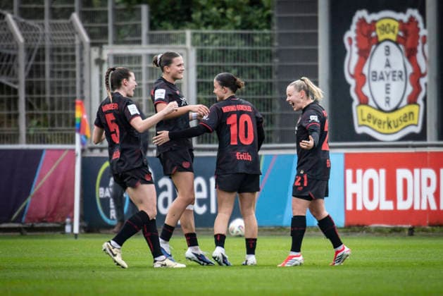 Womens Soccer Bundesliga Bayer 04 Leverkusen 1 FC Nürnberg, 31 01 2026 Goal celebration Vanessa Fudalla Bayer 04 Leverkusen, 21 scores to 1 0 Bayer 04 Leverkusen 1 FC Nürnberg on matchday 16 of the Google Pixel Womens Bundesliga on 31 01 2026 at Ulrich Haberland Stadium in Leverkusen North Rhine-Westphalia DFL REGULATIONS PROHIBIT ANY USE OF PHOTOGRAPHS AS IMAGE SEQUENCES AND OR QUASI VIDEO Copyright: xBEAUTIFULxSPORTS AxelxKohringx