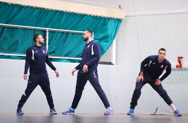 Croatia training: Men s EHF EURO Luka Cindric, Leon Susnja and Mateo Maras of Croatia during training session at Sportscenter on January 31, 2026. in Herning, Denmark.  SanjinxStrukic PIXSELL