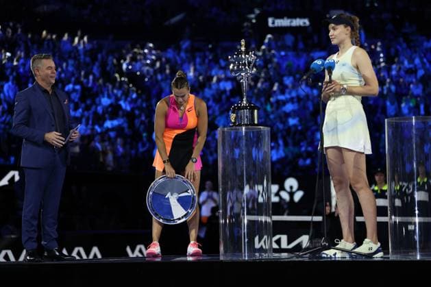 Elena Rybakina wins the Women s final match with runner up Aryna Sabalenka and Todd Woodbridge Australian Open tennis tournament, Day Fourteen, Melbourne Park, Australia - 31 Jan 2026Melbourne Melbourne Park Victoria (VIC) Australia  Copyright: xEllaxLing Shutterstockx 16455625ec
