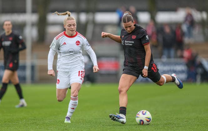 GER, Leverkusen, Bayer Leverkusen vs 1 FC Nürnberg, Google Pixel Womens Bundesliga, Football, DFB, Season 2025 2026, Ulrich Haberland Stadium, 16 Matchday in picture f l Franziska Mai 1 FC Nürnberg Women 18 , Julia Mickenhagen Bayer Leverkusen 18 DFB DFL REGULATIONS PROHIBIT ANY USE OF PHOTOGRAPHS AS IMAGE SEQUENCES AND OR QUASI VIDEO, 31 01 2026 Copyright: HMBxMedia HendrikxHamelau