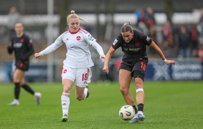 GER, Leverkusen, Bayer Leverkusen vs 1 FC Nürnberg, Google Pixel Womens Bundesliga, Football, DFB, Season 2025 2026, Ulrich Haberland Stadium, 16 Matchday in picture f l Franziska Mai 1 FC Nürnberg Women 18 , Julia Mickenhagen Bayer Leverkusen 18 DFB DFL REGULATIONS PROHIBIT ANY USE OF PHOTOGRAPHS AS IMAGE SEQUENCES AND OR QUASI VIDEO, 31 01 2026 Copyright: HMBxMedia HendrikxHamelau