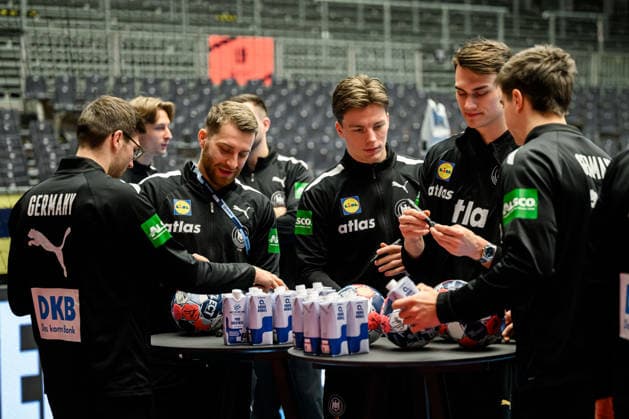 Herning Handball EM 2026 Media Day Germany Lukas Zerbe Germany , Lukas Mertens Germany , Nils Lichtlein Germany , Miro Schluroff Germany sign balls Herning Jyske Bank Boxen Denmark