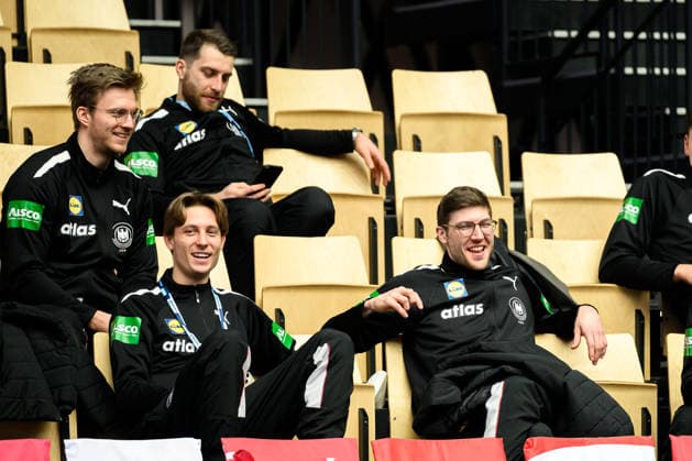 Herning Handball EM 2026 Media Day Germany Franz Semper Germany , Mathis Häseler Haeseler Germany , Lukas Zerbe Germany laughing smiling good-humored grinning grinning Herning Jyske Bank Boxing Denmark