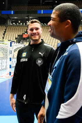 Herning Handball EM 2026 Media Day Germany Johannes Golla Germany , Mads Mensah Larsen Herning Jyske Bank Boxen Denmark