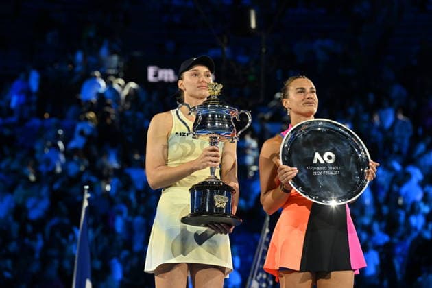 Elena Rybakina defeats Sabalenka to win 2026 Australian Open title MELBOURNE, AUSTRALIA - JANUARY 31: Elena Rybakina (L) of Kazakhstan poses with the Daphne Akhurst Memorial Cup after defeating Aryna Sabalenka (R) in the Women s Singles Final at the Australian Open grand slam tennis tournament at Melbourne Park in Melbourne, Australia on January 31, 2026. Mark Avellino Anadolu Melbourne Australia. Editorial use only. Please get in touch for any other usage.  Copyright: x2026xAnadoluxMarkxAvellinox