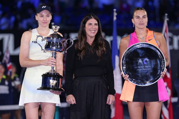 L R Winner Elena Rybakina with trophy, former tennis player Jennifer Capriaty and finalist Aryna Sabalenka , Award ceremony, Presentation Ladies Singles, Final, Final, Australian Open 2026 Melbourne Park, Melbourne, Victoria, Australia Copyright: xJuergenxHasenkopfx
